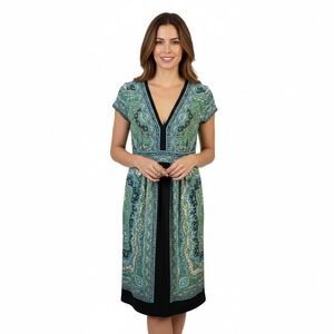 London Times Paisley Fit Flare Midi Dress Blue Green V Neck Short Sleeve Print 4